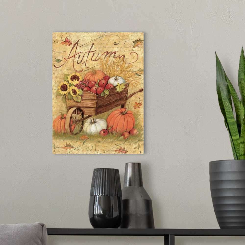 A modern room featuring An autumn wheelbarrow will add a classic harvest accent to your home.