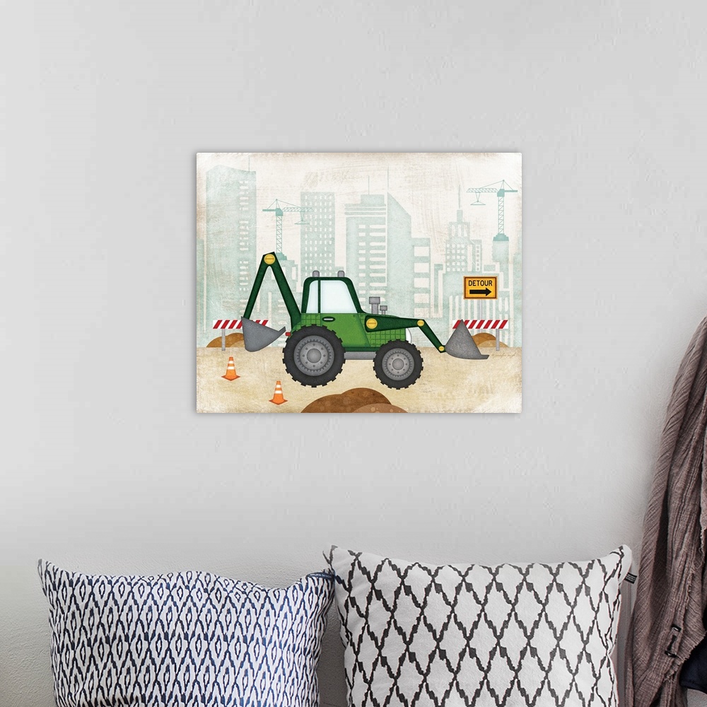 A bohemian room featuring Children's artwork of a backhoe parked at a construction site with a distressed texture throughout.