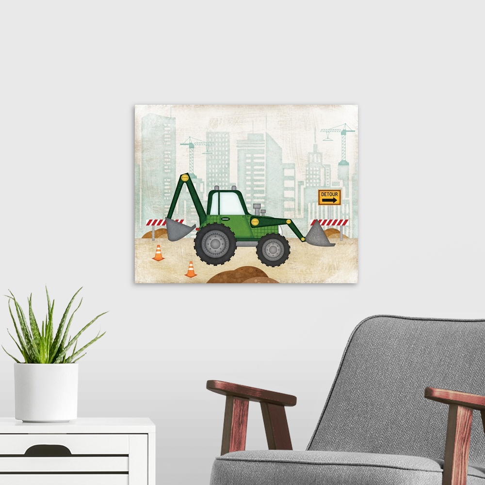 A modern room featuring Children's artwork of a backhoe parked at a construction site with a distressed texture throughout.