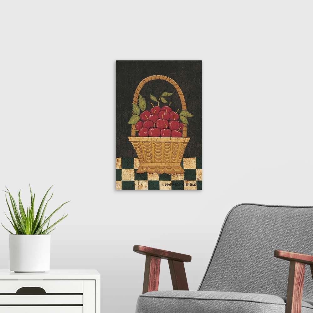 A modern room featuring Americana fruit basket by renowned folk artist Warren Kimble