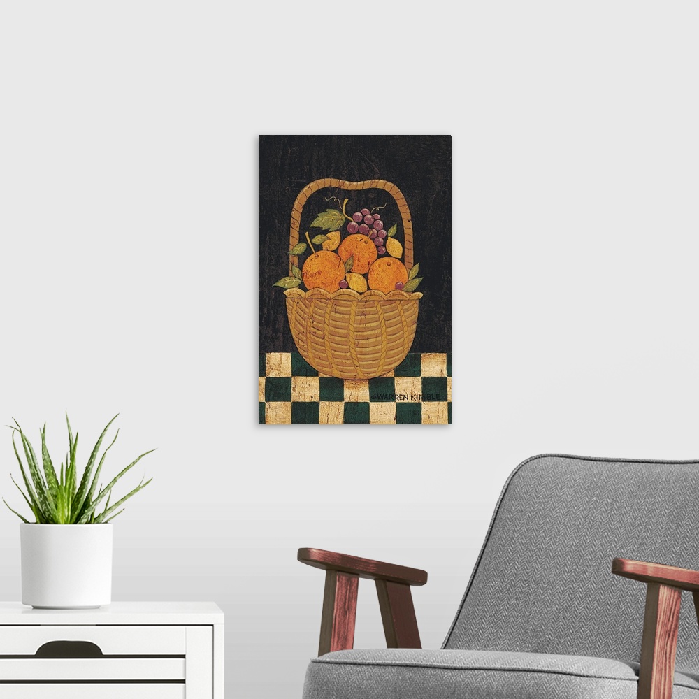 A modern room featuring Americana fruit basket by renowned folk artist Warren Kimble
