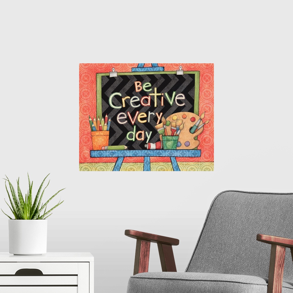 A modern room featuring School-themed art with inspirational message.