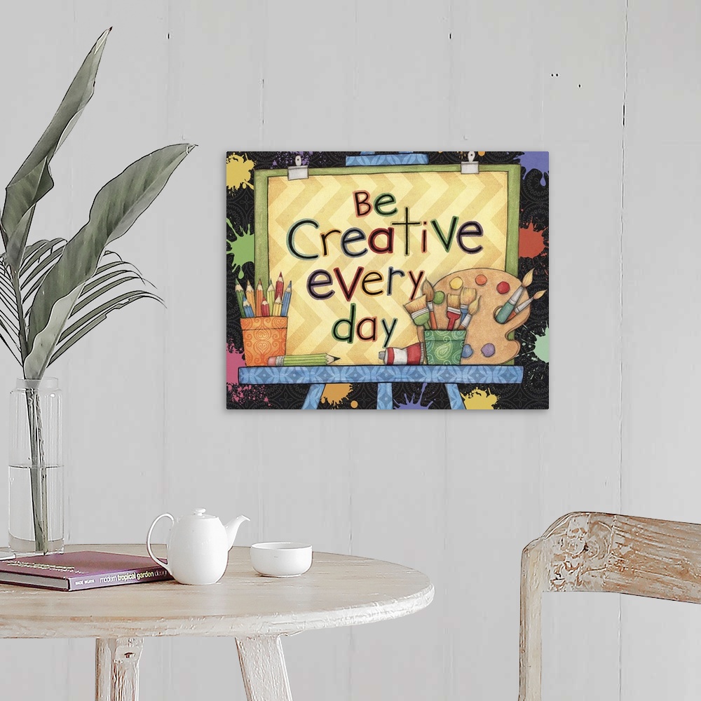 A farmhouse room featuring School-themed art with inspirational message.
