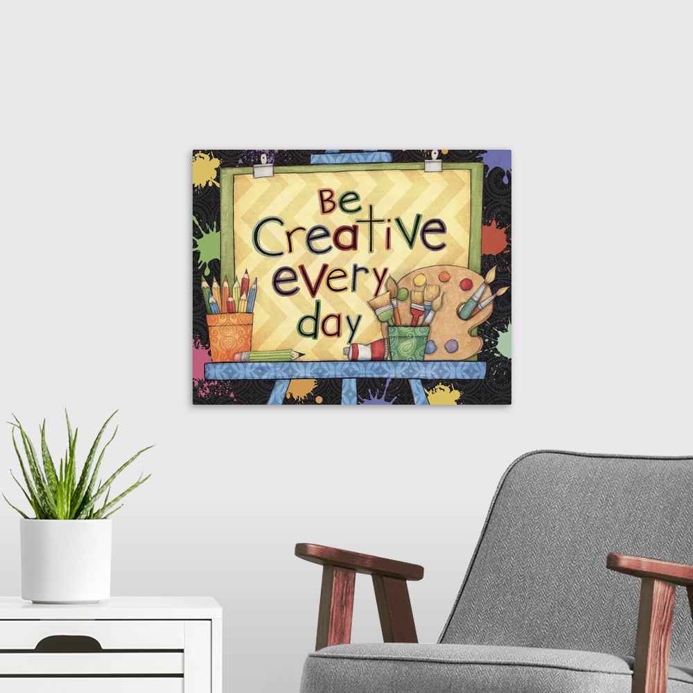A modern room featuring School-themed art with inspirational message.