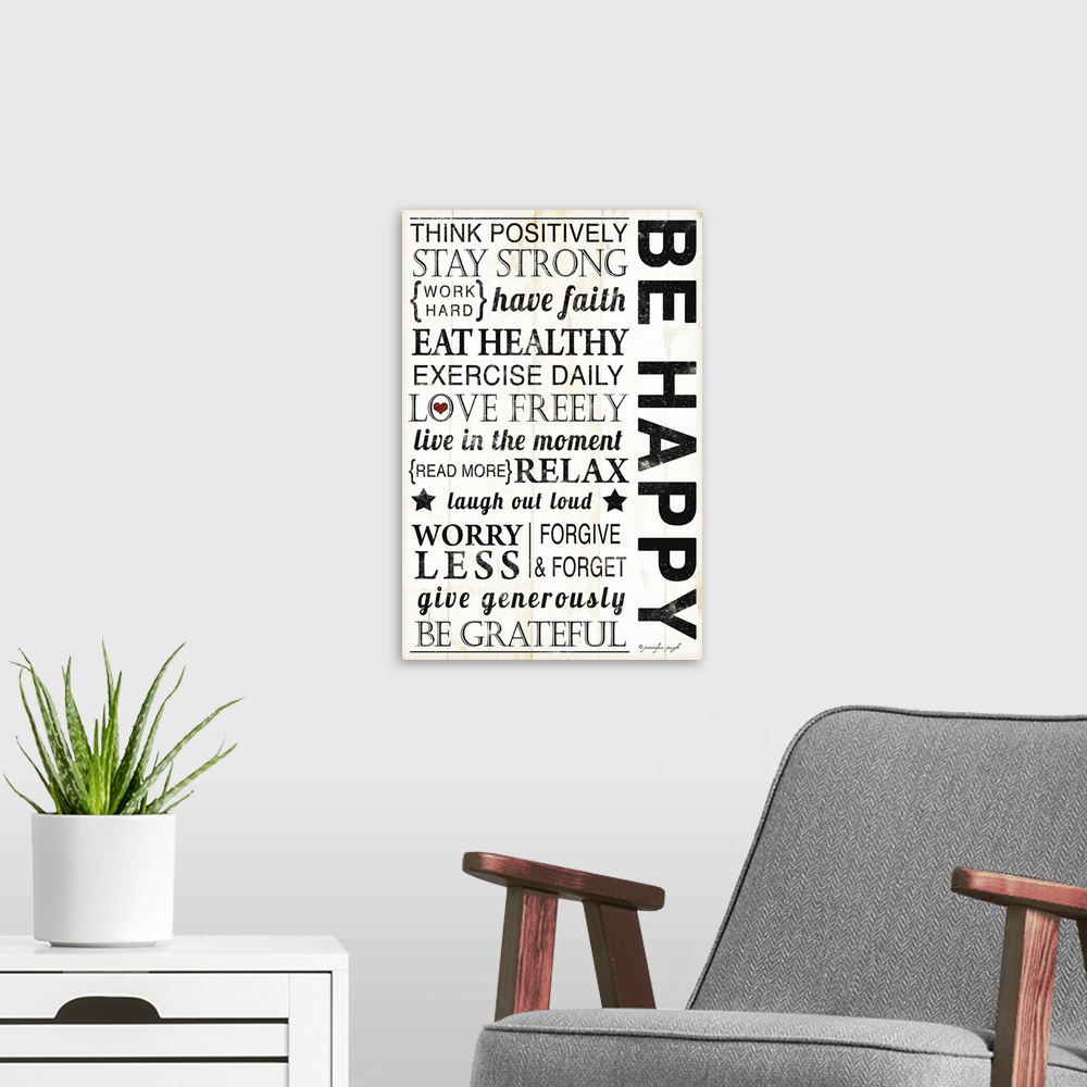 A modern room featuring Large inspirational art composed of motivational text filling the entire area that tells somebody...