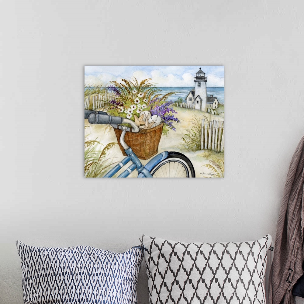A bohemian room featuring A charming bike on a beach captures the fun and freedom of beach visits.