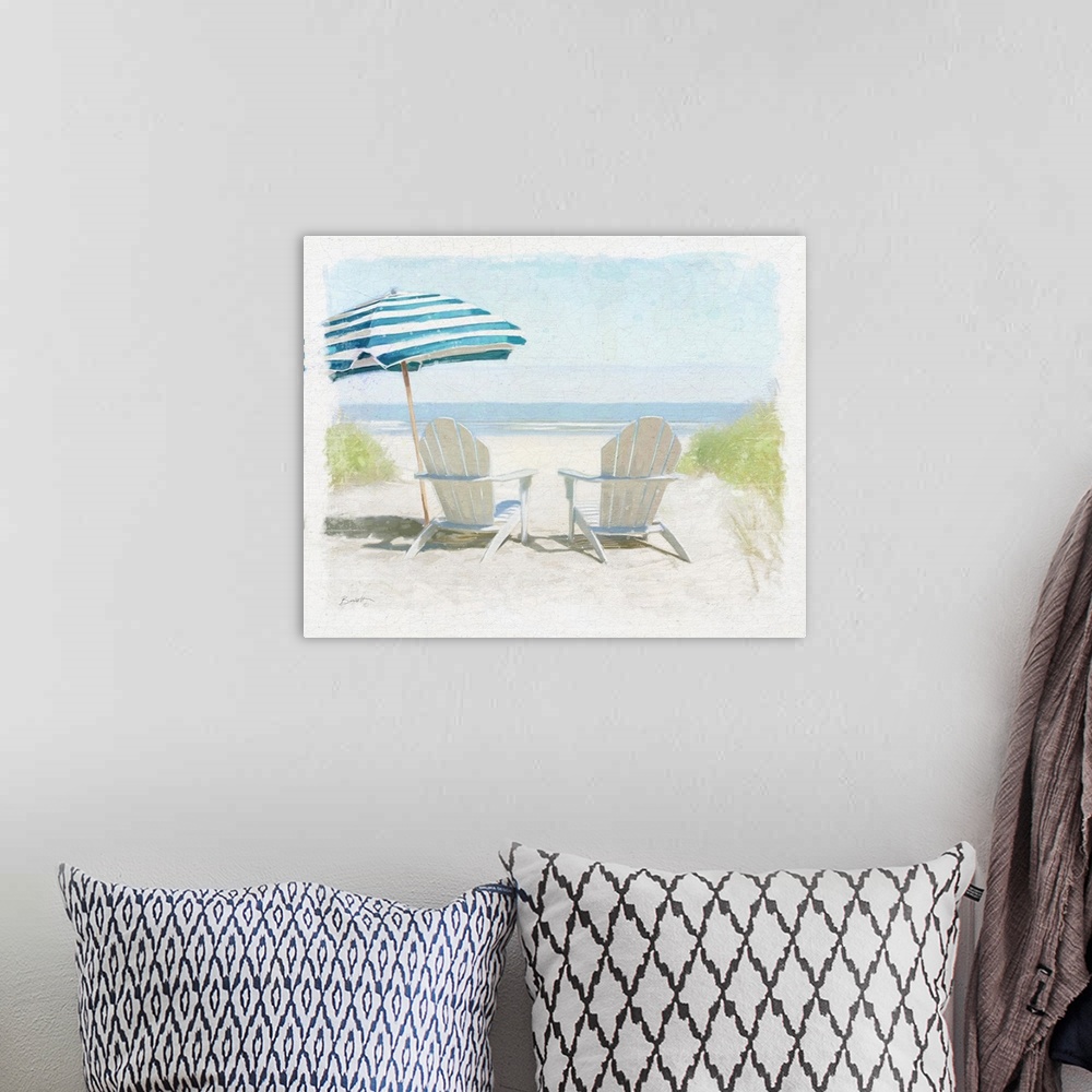 A bohemian room featuring You can feel the sea breeze with this evocative shore scene.