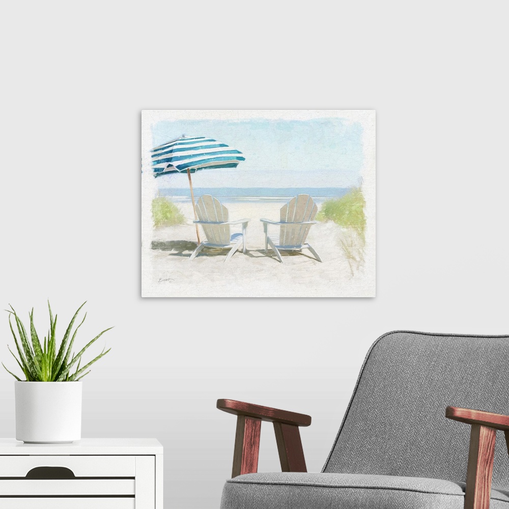 A modern room featuring You can feel the sea breeze with this evocative shore scene.