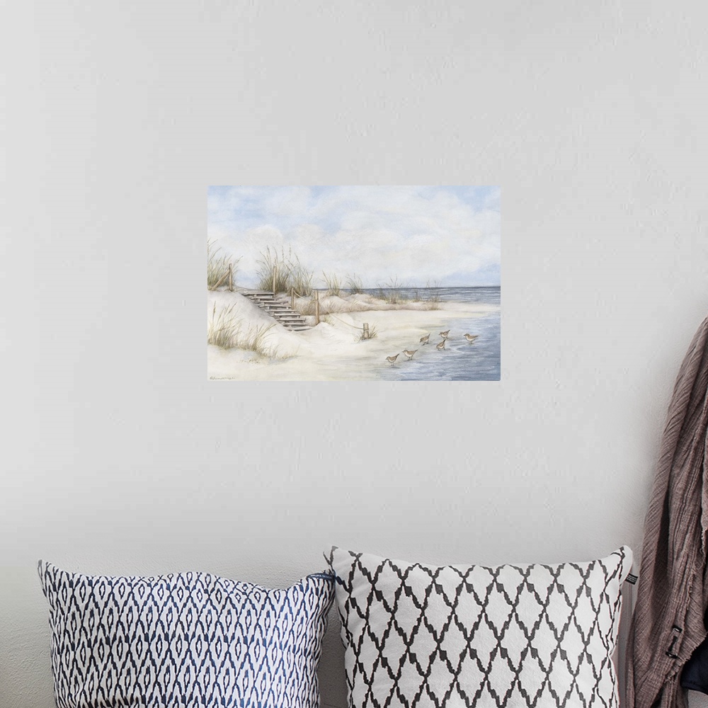 A bohemian room featuring The serenity and beauty of the ocean is capture in this seashore scene.