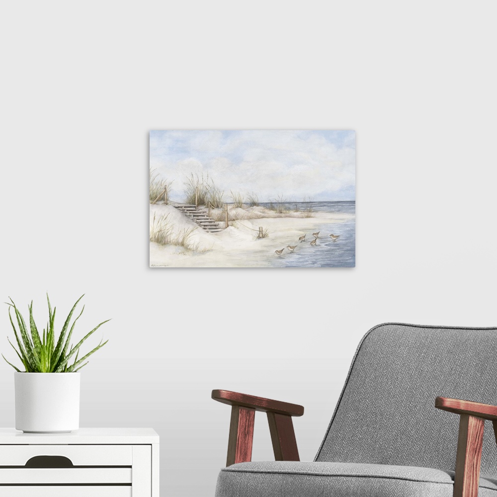 A modern room featuring The serenity and beauty of the ocean is capture in this seashore scene.