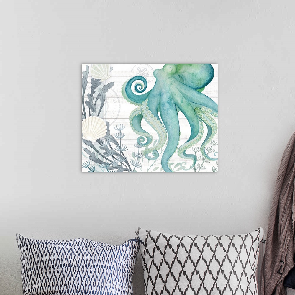 A bohemian room featuring Swirling arms of the mystical octopusoin a sea-glass tone for your beach decor!
