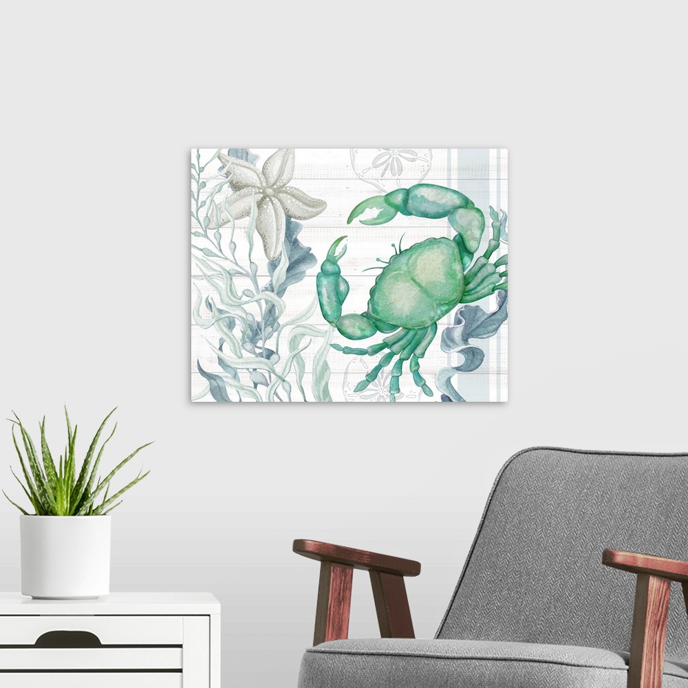 A modern room featuring The popular crab featured in this sea-glass toned art is perfect for any beach house decor!