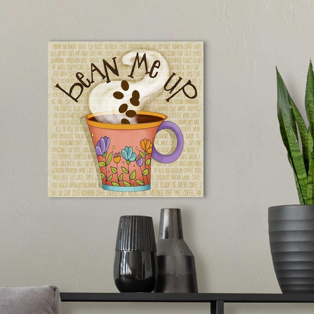 A modern room featuring Whimsical coffee-themed art for the kitchen or office.
