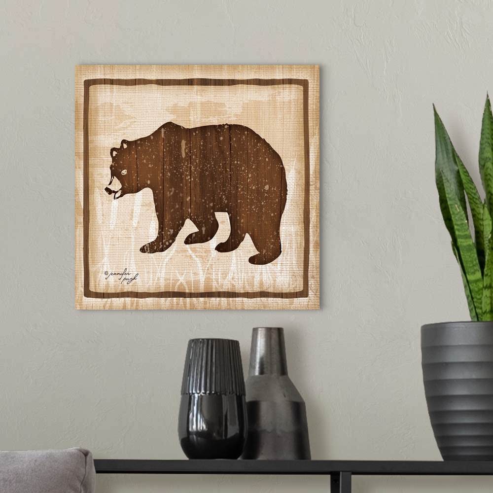 A modern room featuring Distressed cabin decor themed artwork of a semi-silhouetted bear against a light brown background.