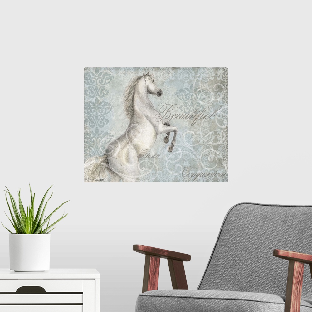 A modern room featuring Stunning depiction of this beautiful creature called the horse