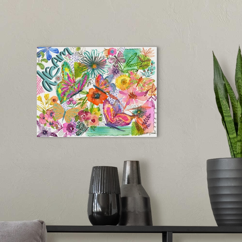 A modern room featuring This splashy, vibrant floral collage brings the garden in!