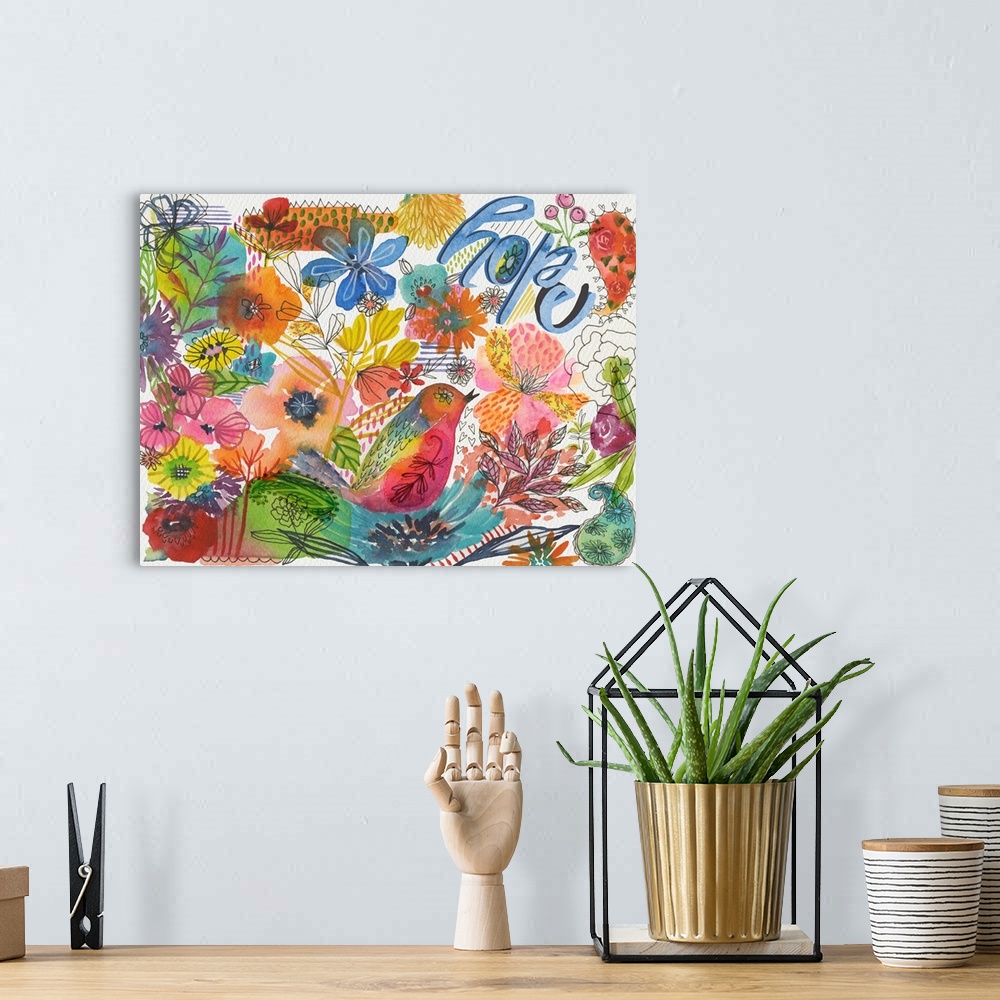 A bohemian room featuring This splashy, vibrant floral collage brings the garden in!