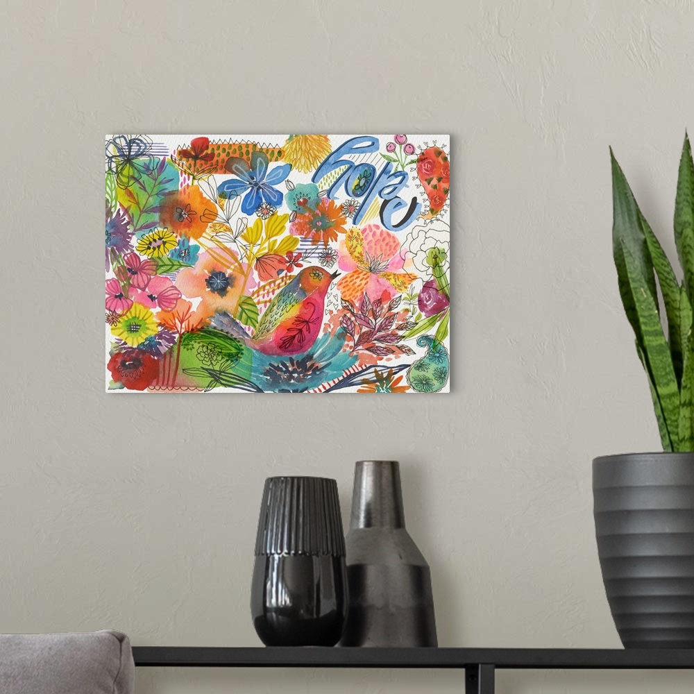 A modern room featuring This splashy, vibrant floral collage brings the garden in!