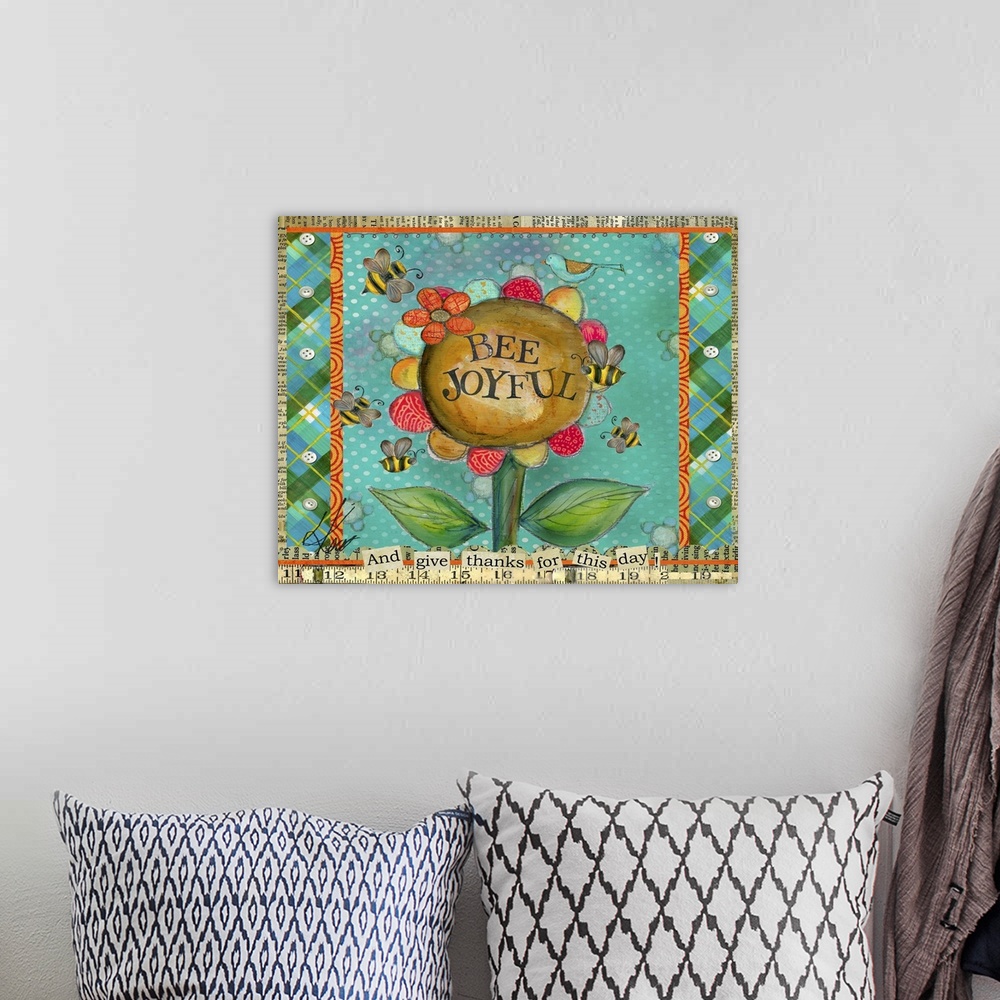 A bohemian room featuring Let this piece of art be a reminder to Bee Joyful!