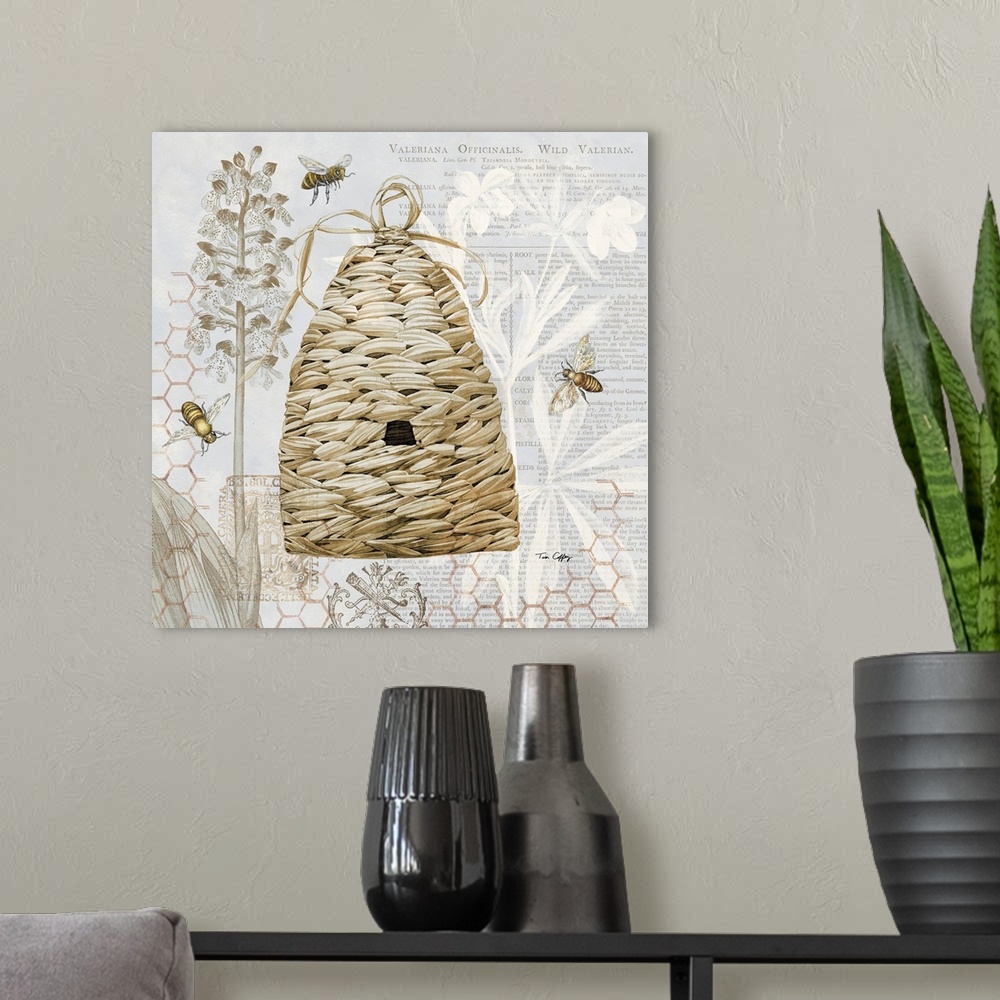 A modern room featuring A classic and elegant botanical of a bee skep in a soft neutral palette.