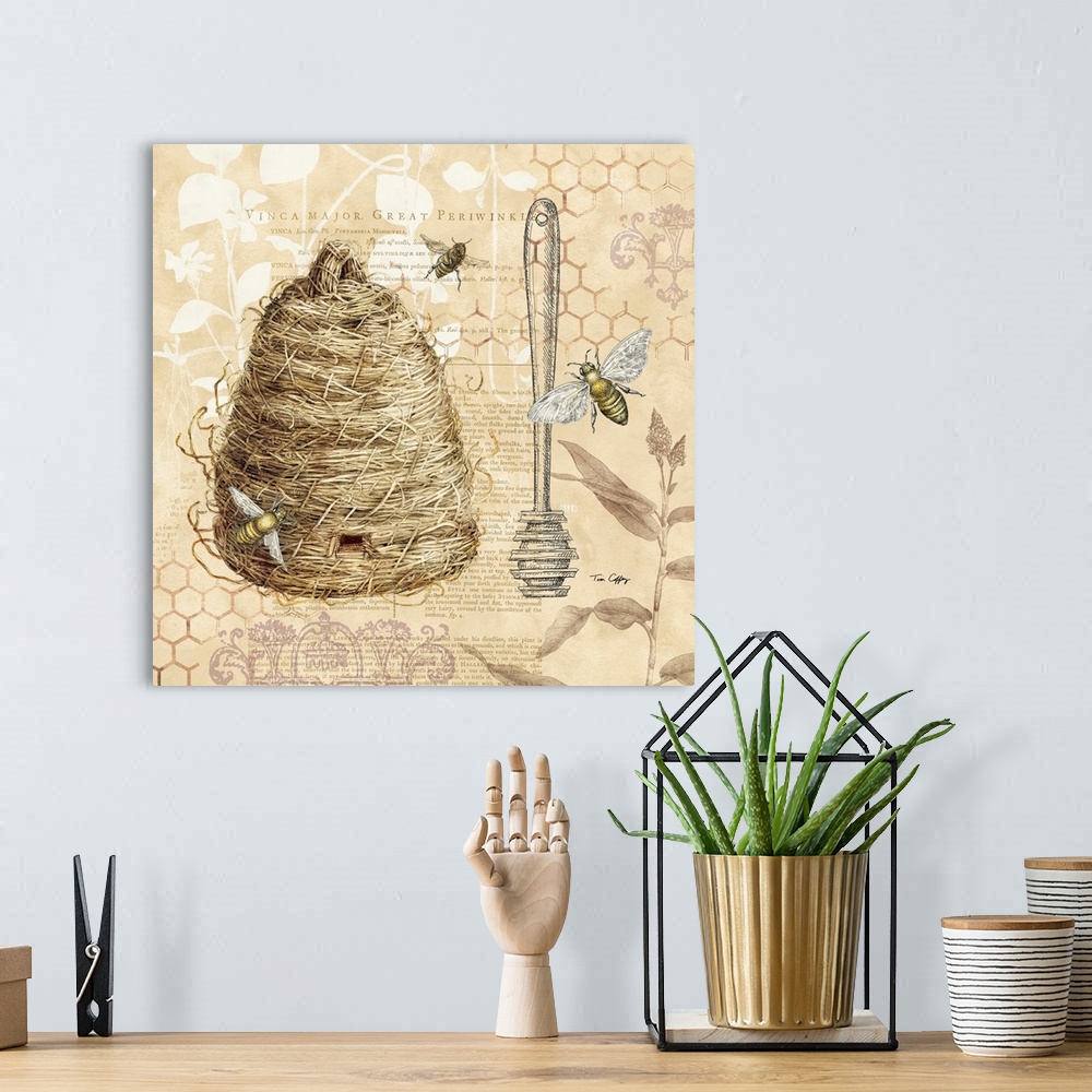 A bohemian room featuring A classic and elegant botanical of a bee skep and honey dipper in a soft neutral palette.