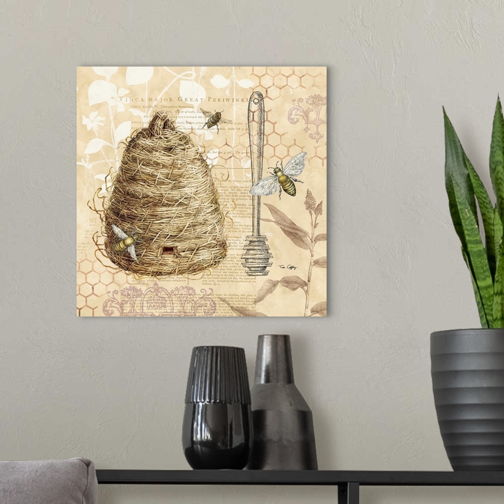 A modern room featuring A classic and elegant botanical of a bee skep and honey dipper in a soft neutral palette.