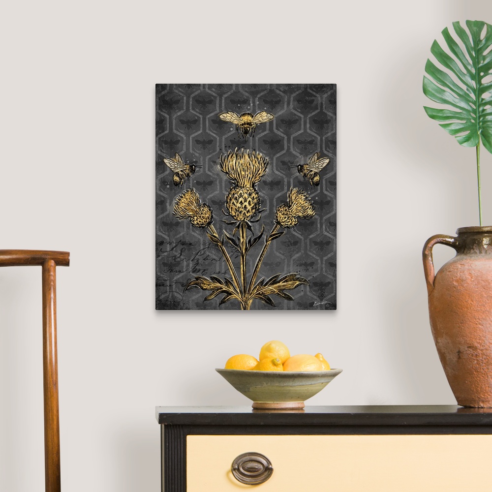 A traditional room featuring Vintage Bee art in classic home decor palette.