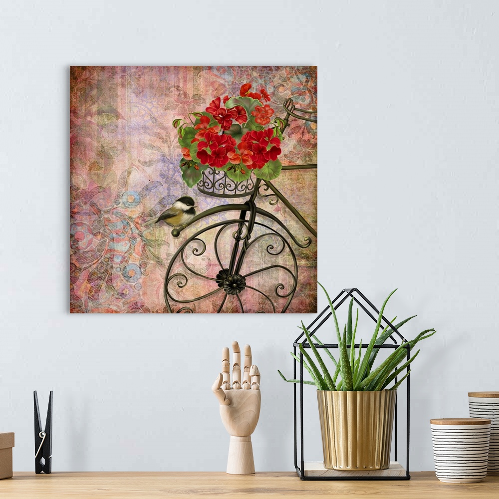 A bohemian room featuring Lovely, intriquing and eye-catching image of a bicycle with Geraniums.