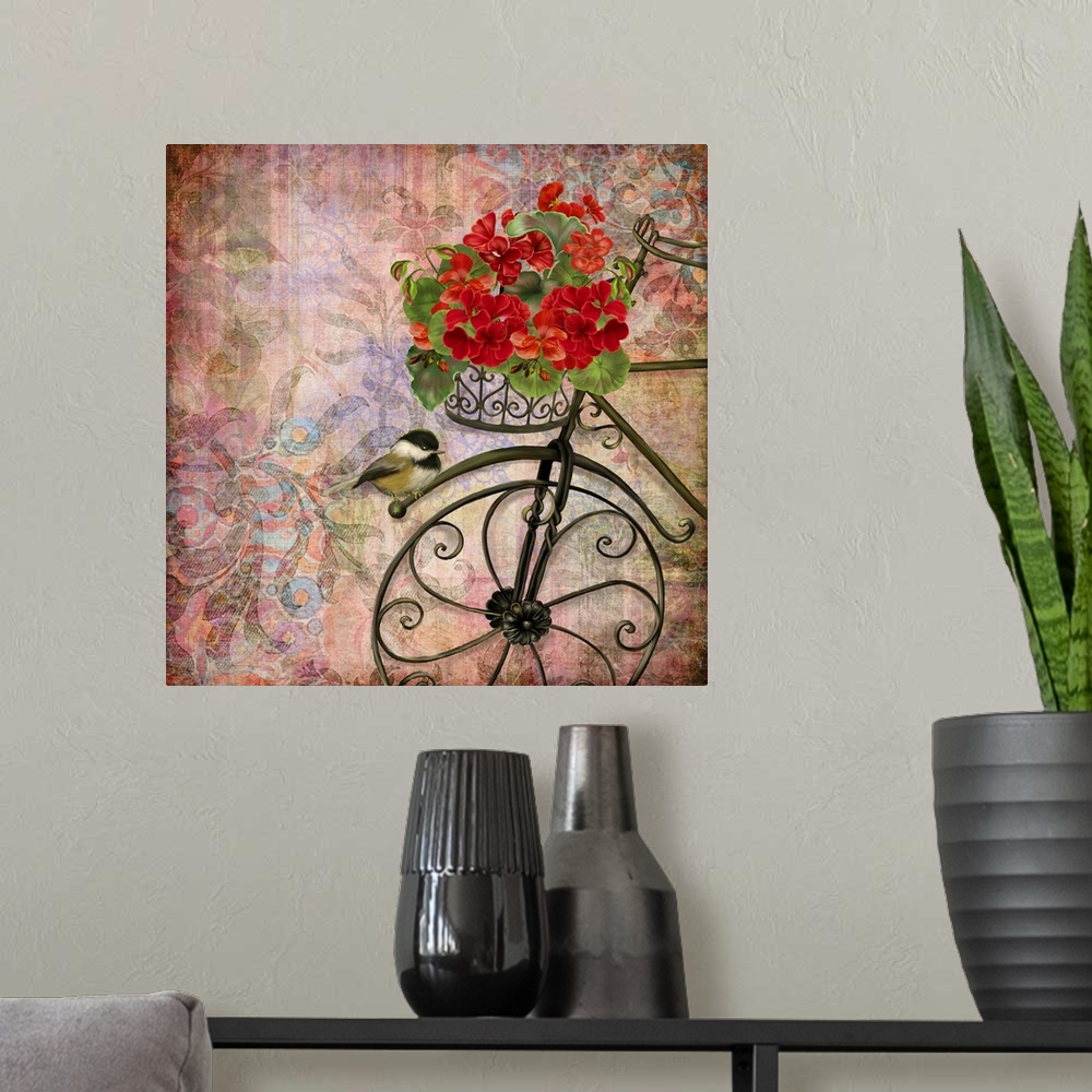 A modern room featuring Lovely, intriquing and eye-catching image of a bicycle with Geraniums.