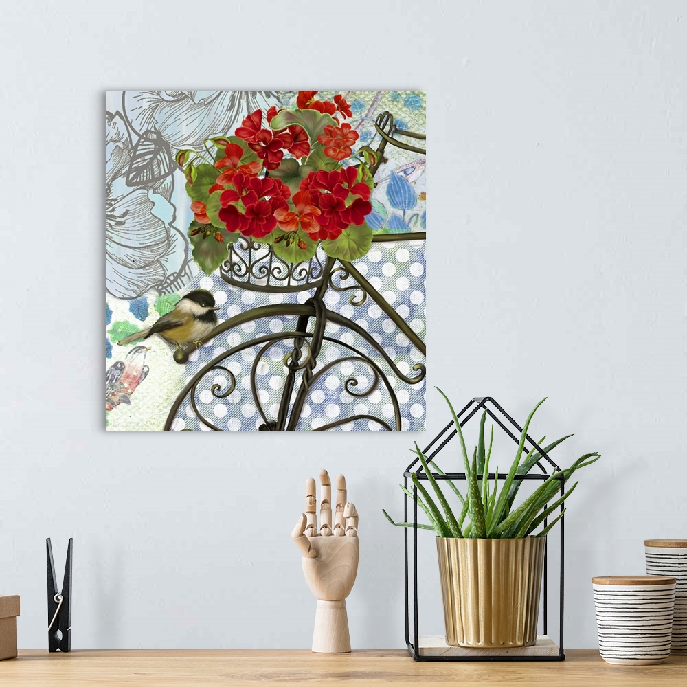 A bohemian room featuring Lovely, intriguing and eye-catching image of a bicycle with Geraniums.