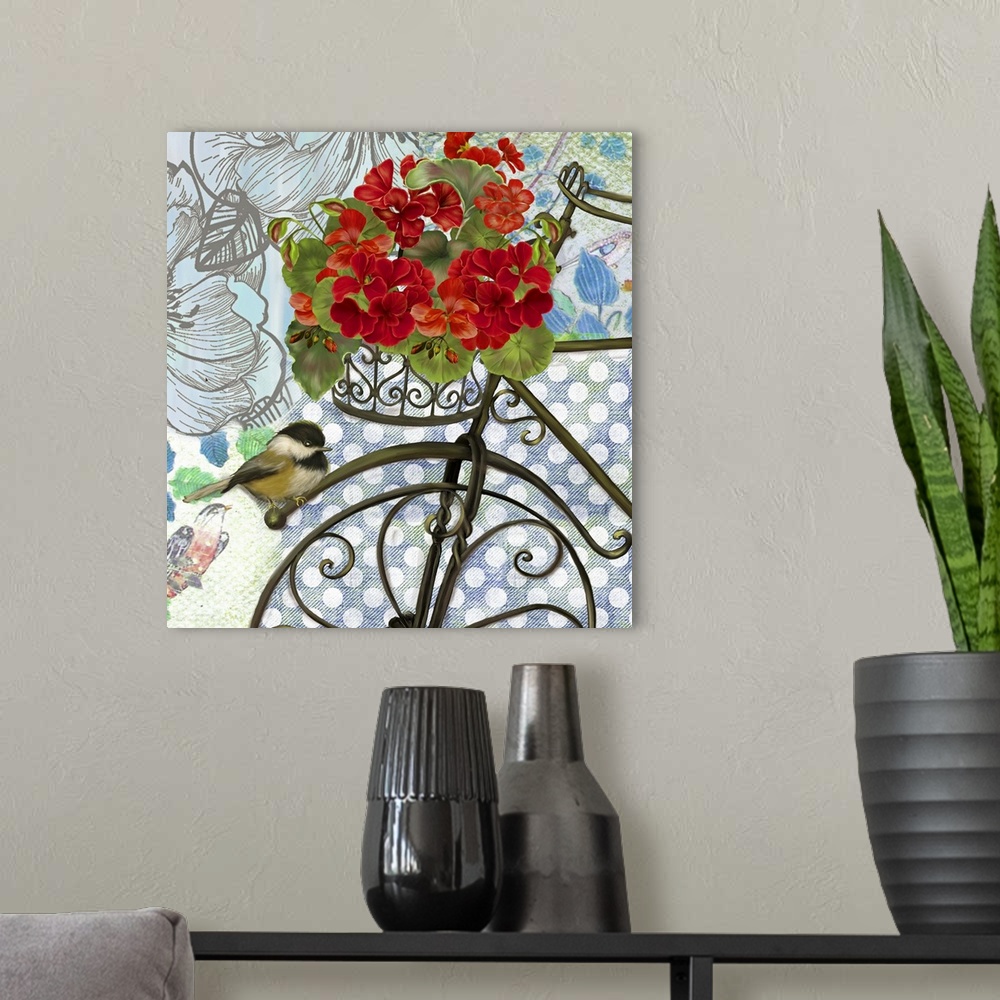 A modern room featuring Lovely, intriguing and eye-catching image of a bicycle with Geraniums.