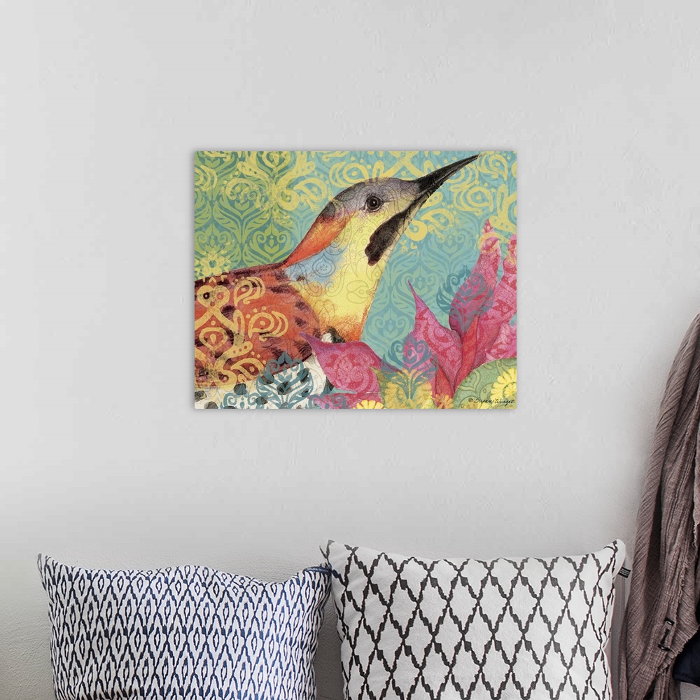 A bohemian room featuring Boldly colored and patterned bird makes an impacting, decorative statement.