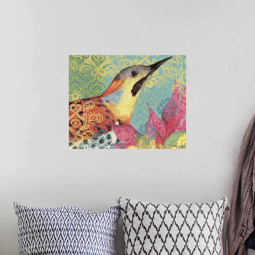 A bohemian room featuring Boldly colored and patterned bird makes an impacting, decorative statement.