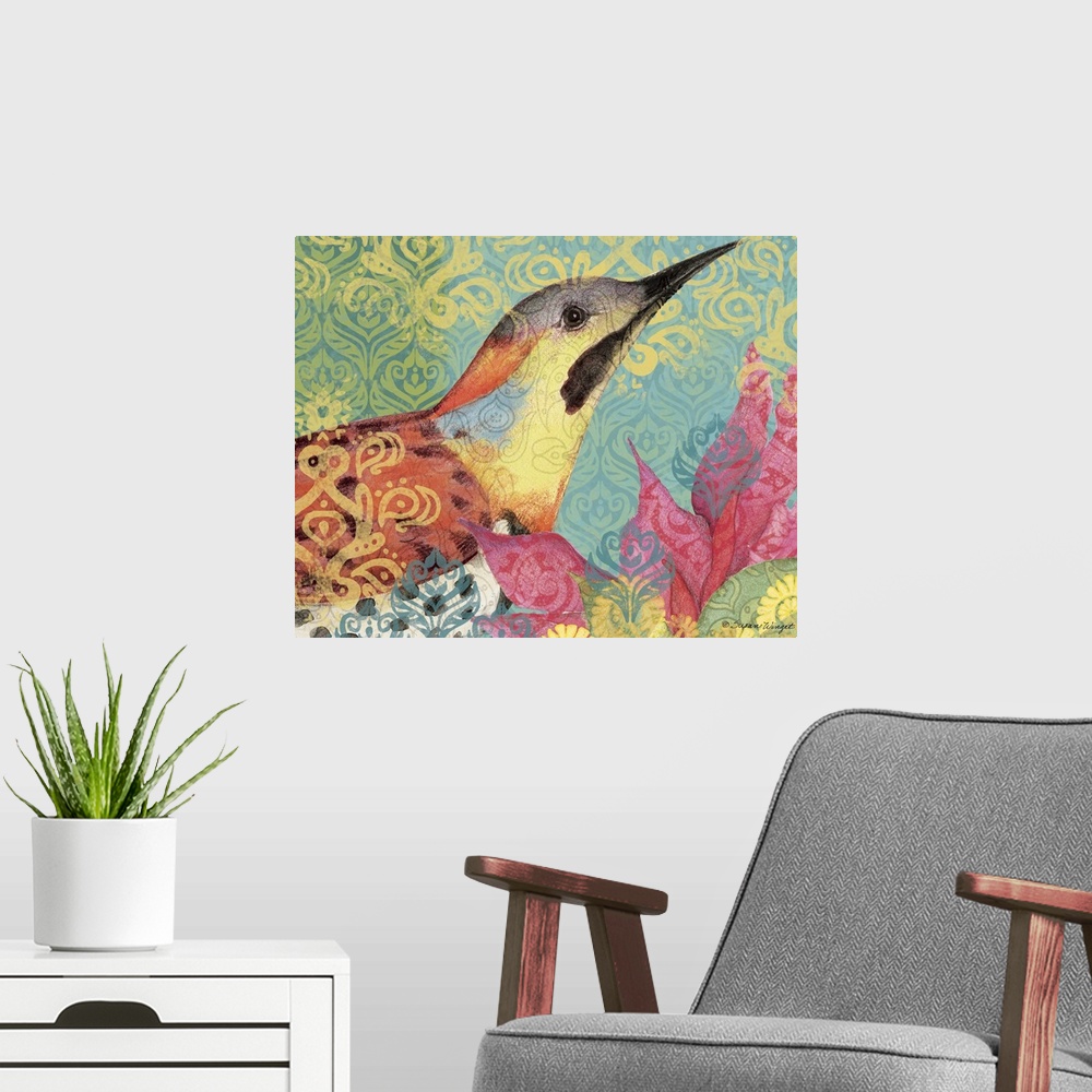 A modern room featuring Boldly colored and patterned bird makes an impacting, decorative statement.