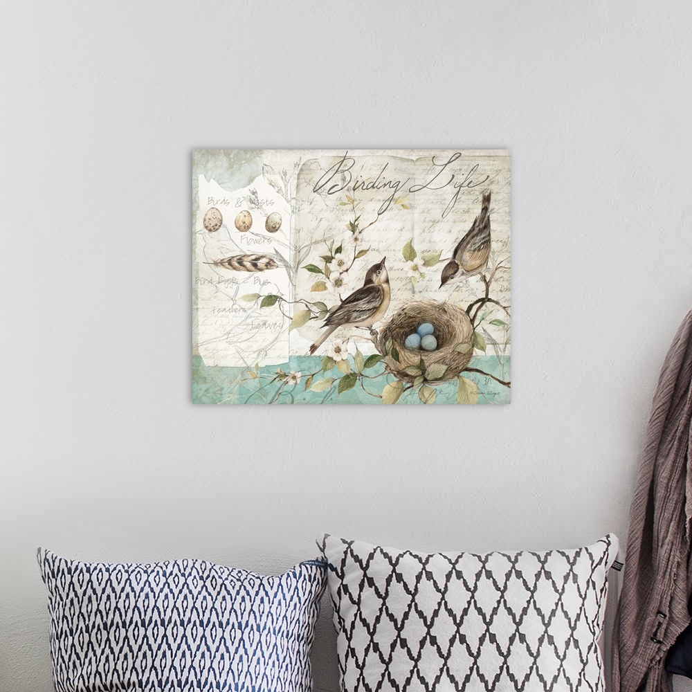 A bohemian room featuring Lovely sketchbook bird art is a soft accent den, living room or bedroom.