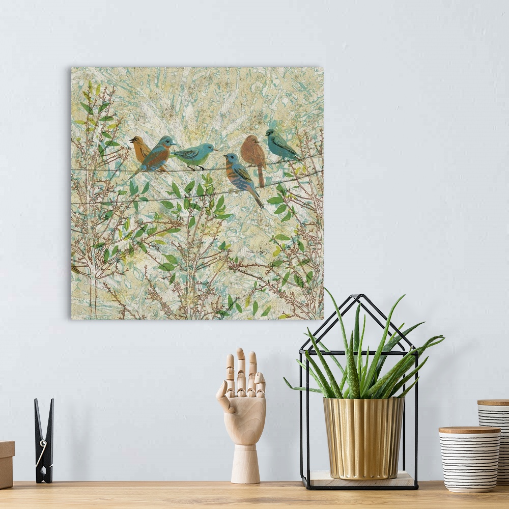 A bohemian room featuring Popular birds on a wire set against city skyline, great contemporary juxtaposition!