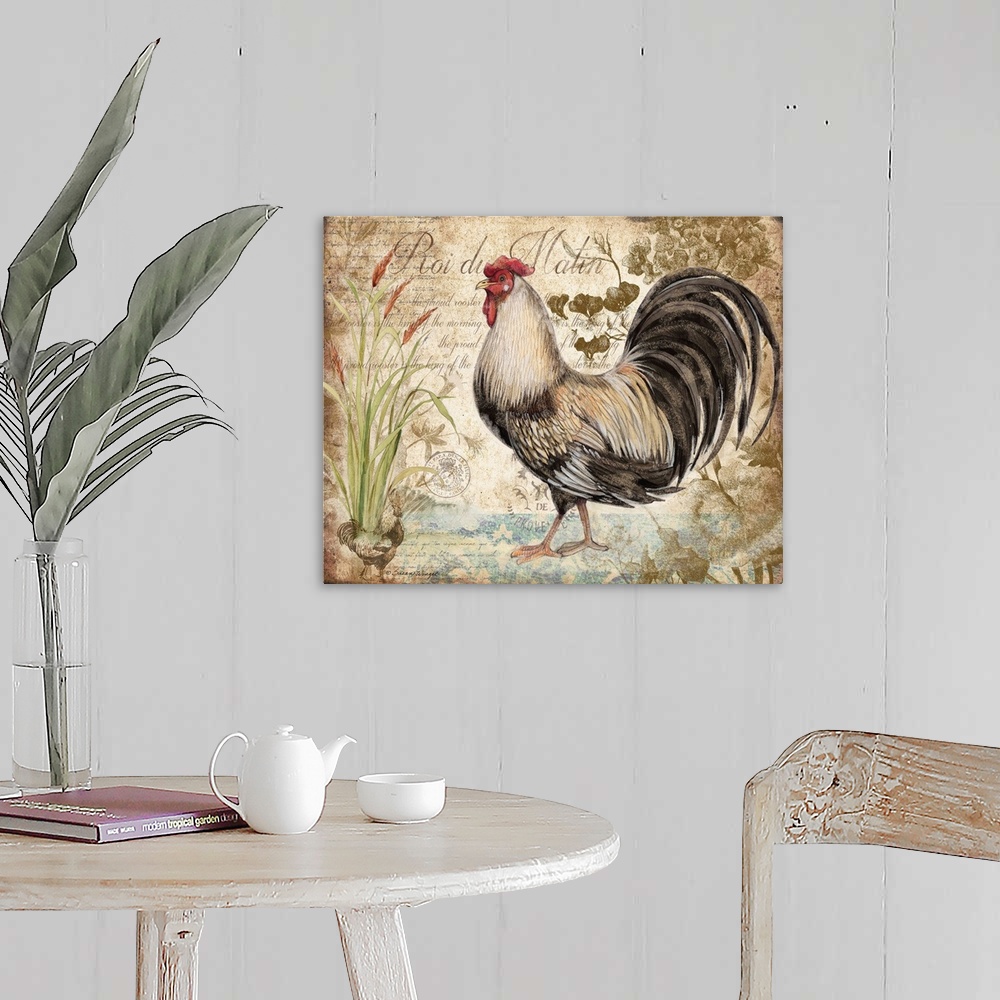 A farmhouse room featuring This elegant Rooster image adds a stunning accent to your kitchen or dining room.