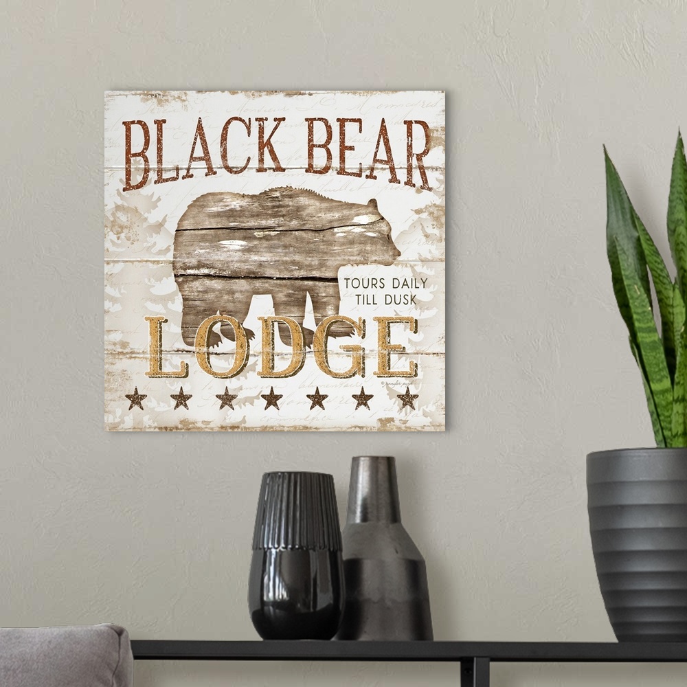 A modern room featuring Black Bear Lodge