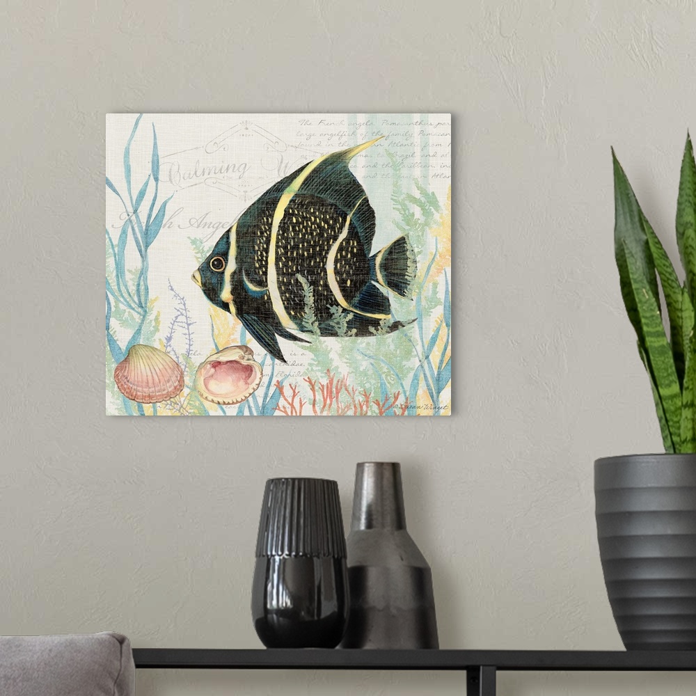 A modern room featuring This icon black fish is a great motif for den or living room!