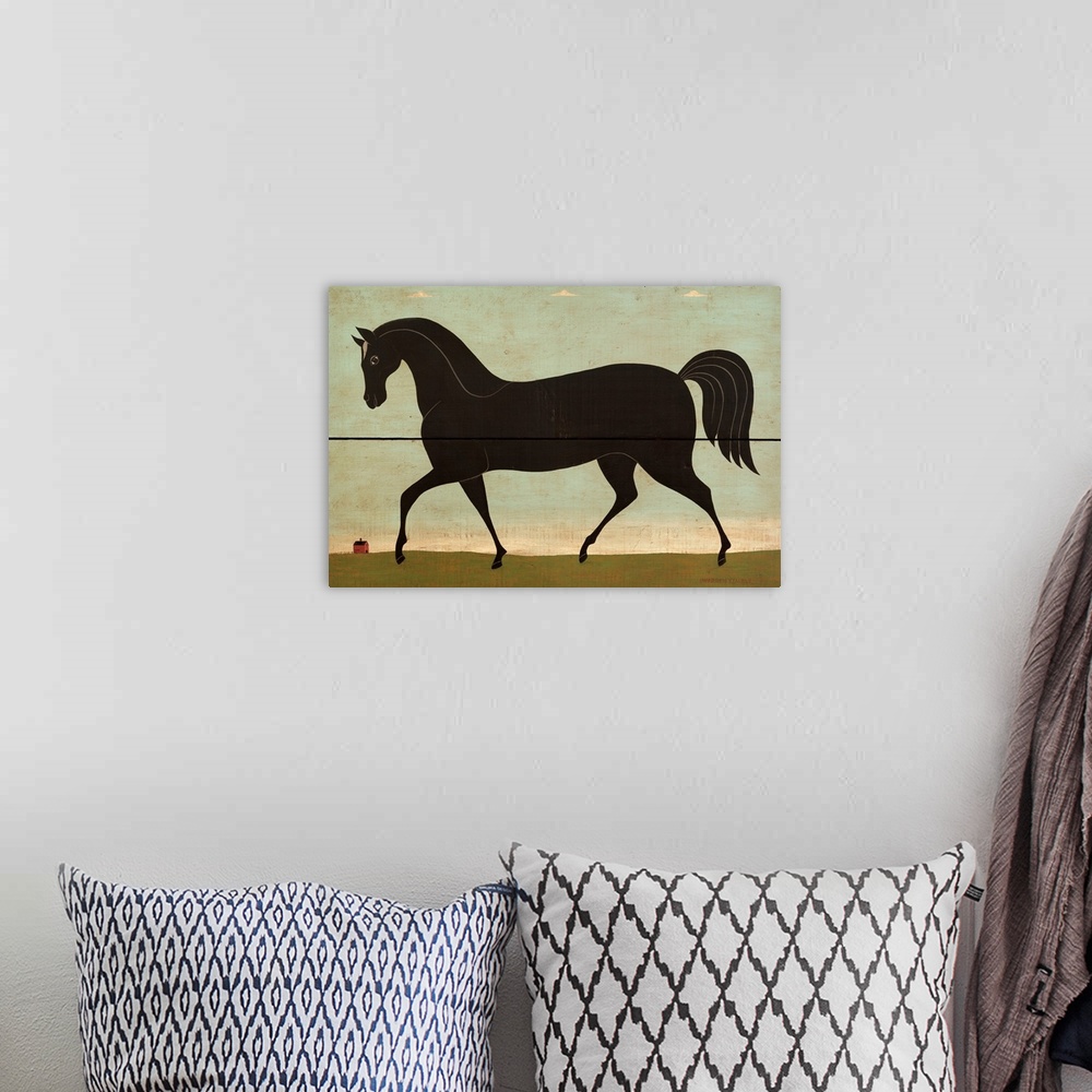 A bohemian room featuring Americana horse scene by renowned folk artist Warren Kimble. Large stallion painted on wood panel.