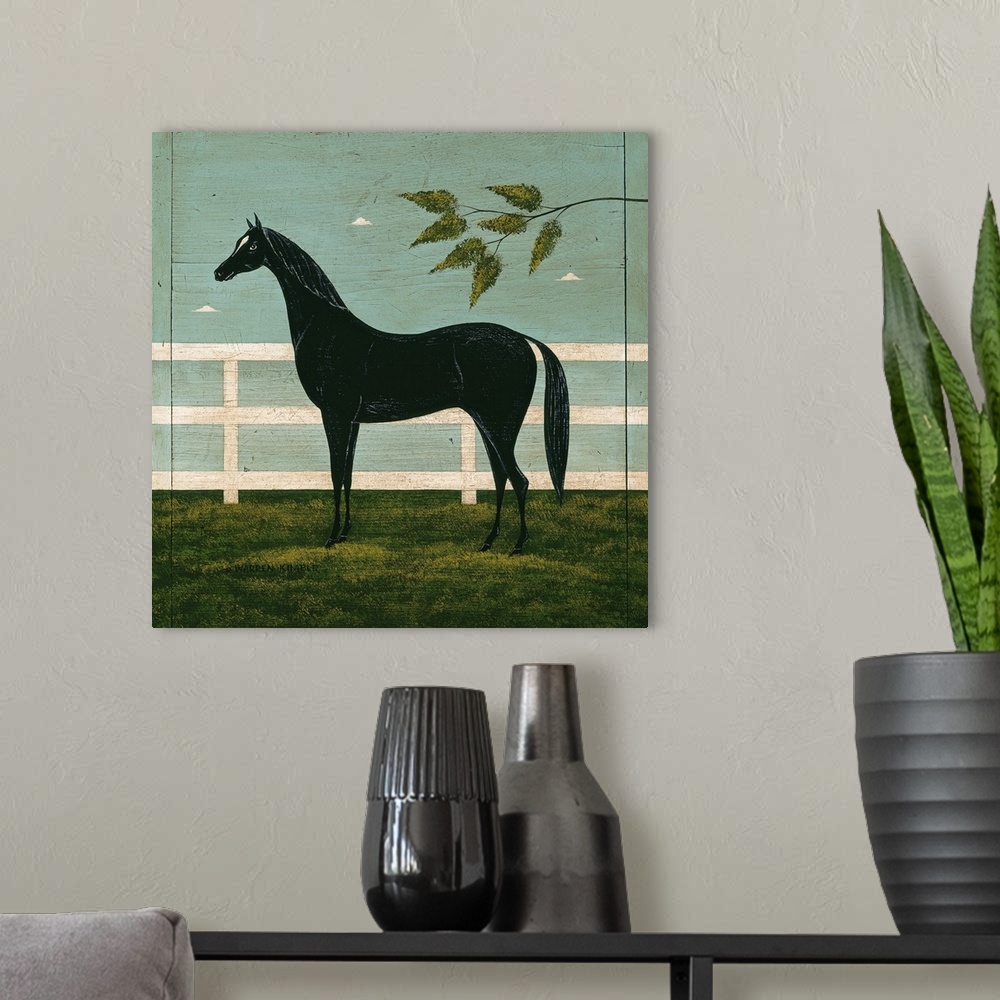 A modern room featuring Square fold art on a big wall hanging of a black horse with small legs and head, standing in the ...