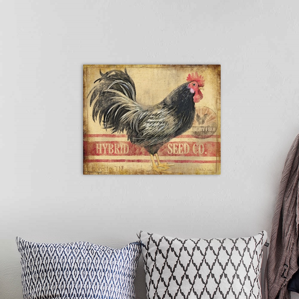 A bohemian room featuring Sophisticated country rooster on burlap seed bag treatment