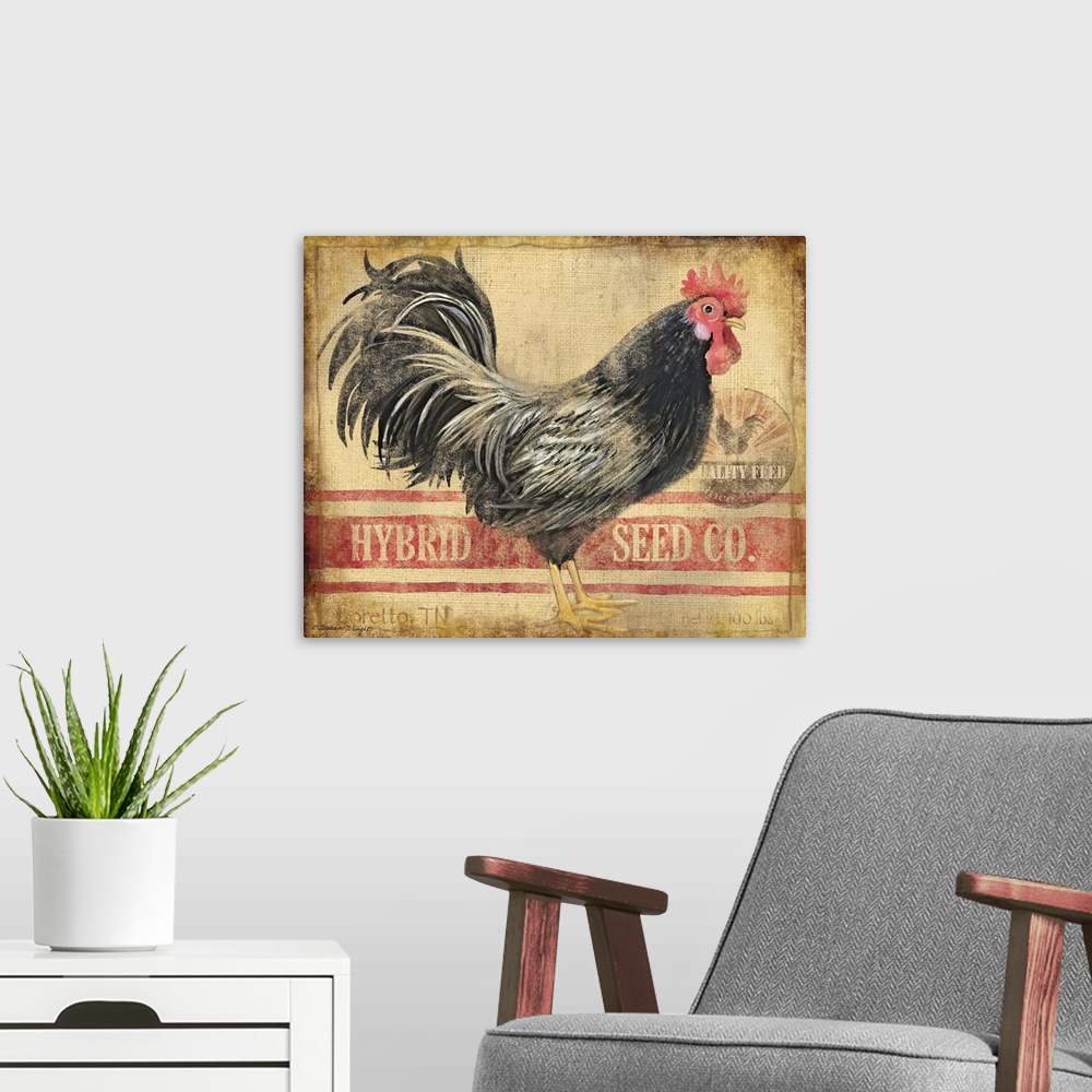A modern room featuring Sophisticated country rooster on burlap seed bag treatment