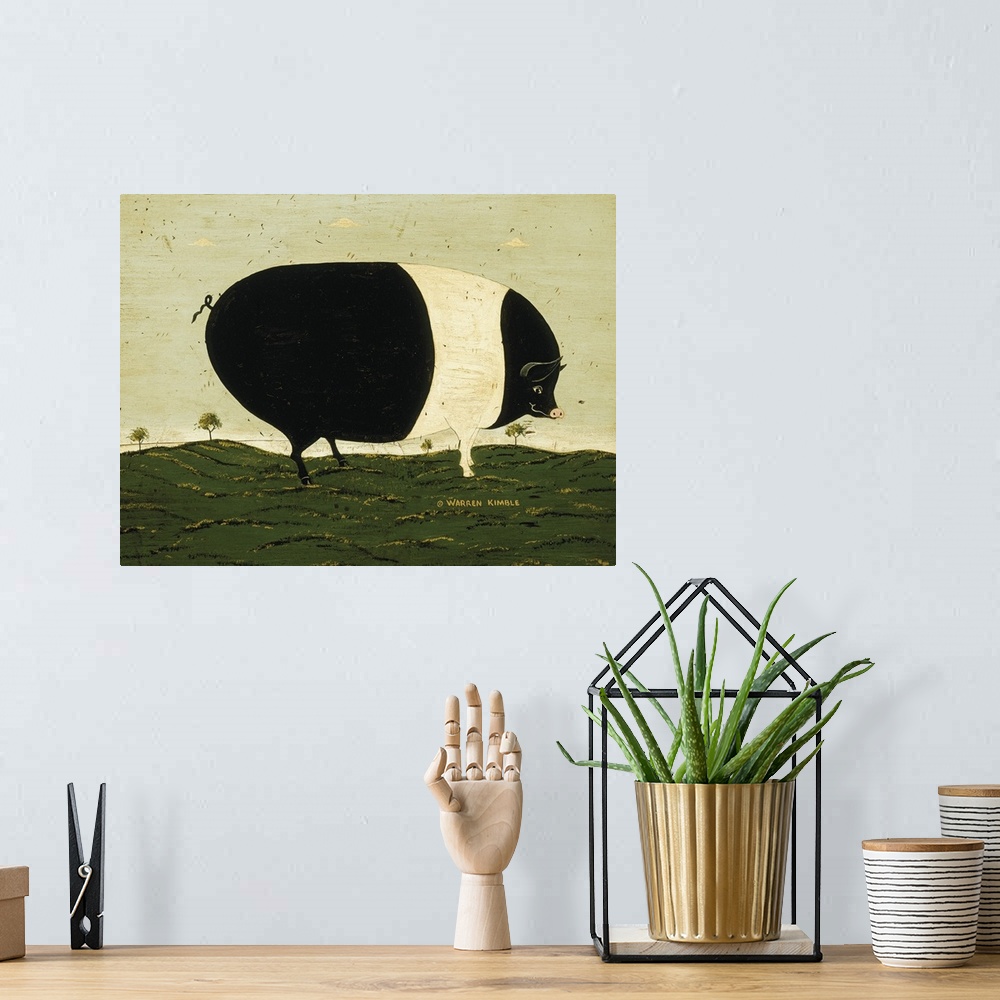 A bohemian room featuring Americana farm animal scene by a renowned folk artist.  A huge striped pig is grazing in a meadow...