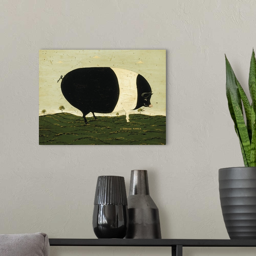 A modern room featuring Americana farm animal scene by a renowned folk artist.  A huge striped pig is grazing in a meadow...
