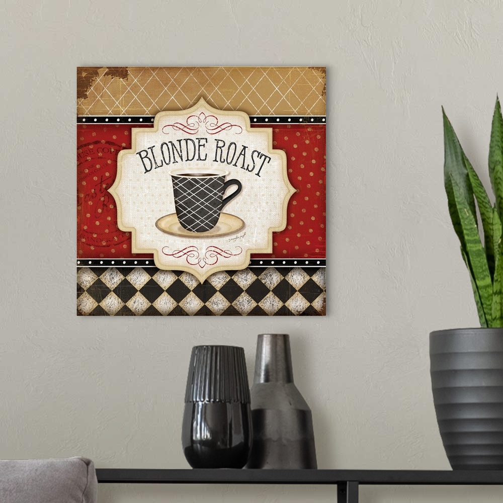 A modern room featuring Decorative cafe themed artwork using rich colors and patterns.