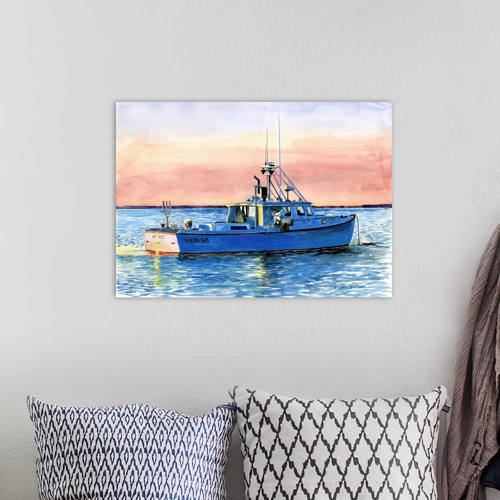 A bohemian room featuring Blue Boat At Dawn