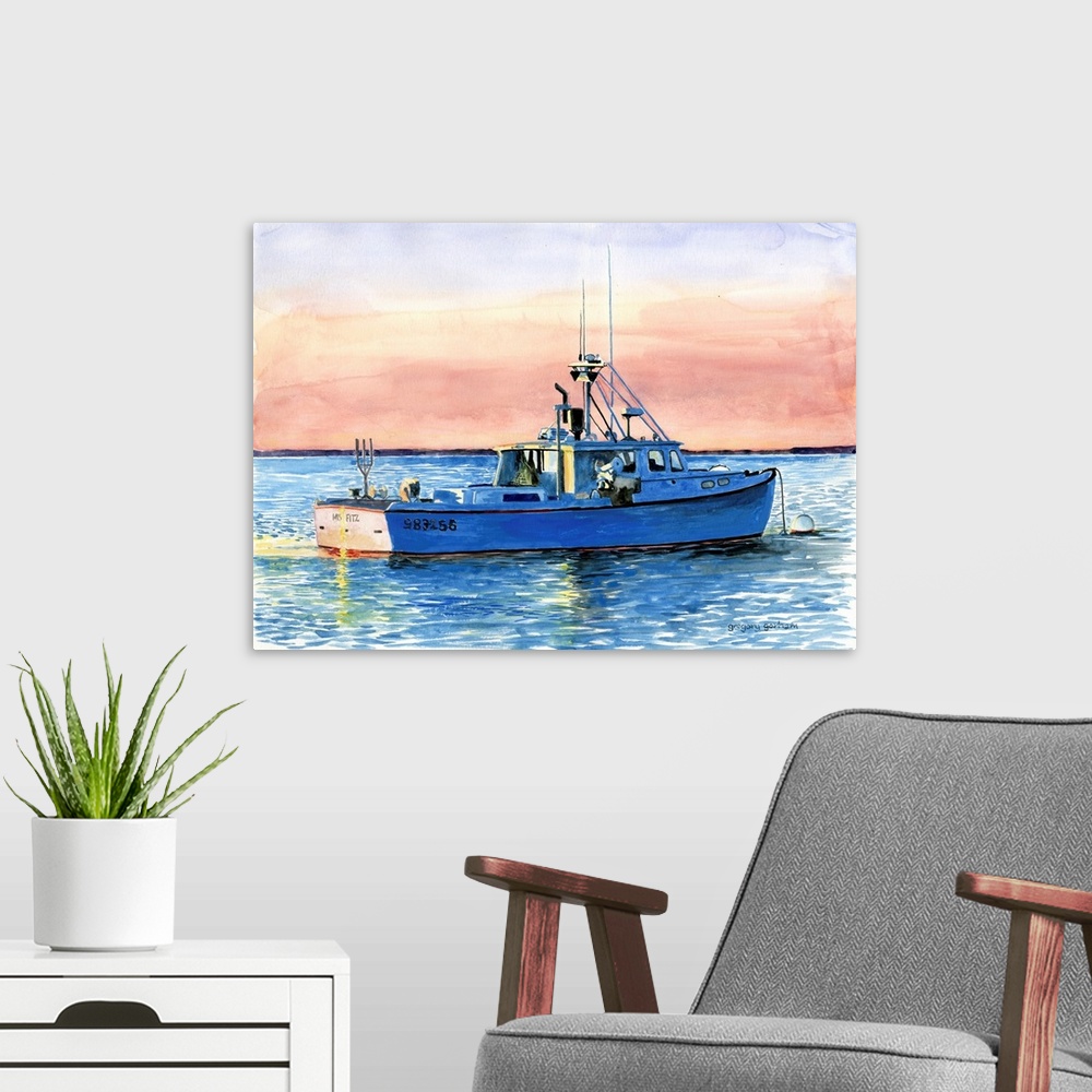 A modern room featuring Blue Boat At Dawn