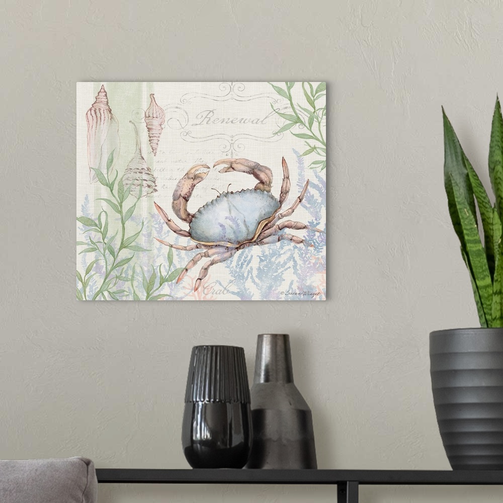 A modern room featuring This blue crab scene brings the coast into your home.