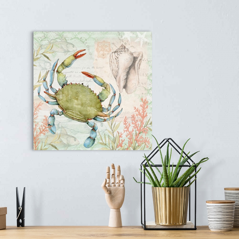 A bohemian room featuring Softly hued scene featuring a green crab is a subtle and tasteful coastal statement.